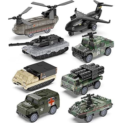 Small Army Toy Cars, Geyiie Die Cast Military Truck Vehicles Toys for Kids, Army Helicopter, Tanks, Mini Car Set as Easter Basket Stuffers Gifts for Boys Girls Age 3-8, East Party Favor Cover