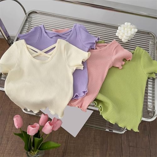 Girls Summer Outdoor Causal Blouse Trendy Ribbed T-Shirt Solid Color Short Sleeve Crossing Neck Shirts Tops3