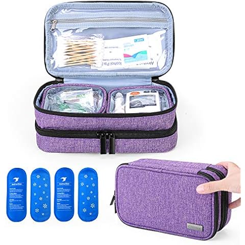Yarwo Insulin Cooler Travel Case with 4 Ice Packs, Double Layer Diabetic Supplies Organizer for Insulin Pens, Blood Glucose Monitors or Other Diabetes Care Accessories, Purple Cover