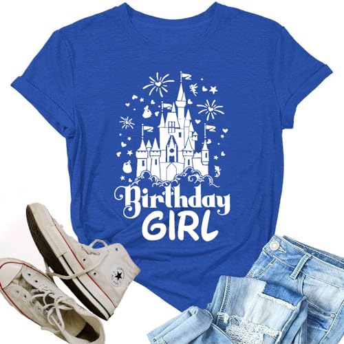Image of Dapiaoliang Birthday Girl Shirt for Women Novelty Magic Kingdom Graphic Print Happy Birthday T Shirt Fall Basic Short Sleeve Birthday Party Tee Tops(Sapphire Blue XL), X-Large