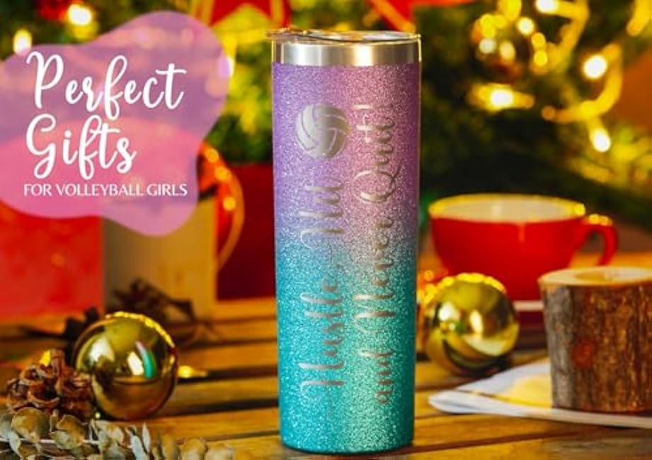 Onebttl Volleyball Gifts for Teen Girls & Team, Stainless Steel Kids Volleyball Tumbler, Double Wall Vacuum Insulated Bottle with Lid and Straw 20oz - Never Quit (Glitter Purple Blue)