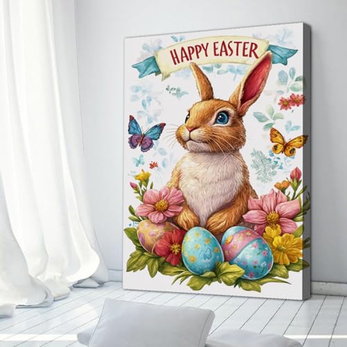 Toile Joyeux Pâques illustration lapin brun pour douceur dortoir