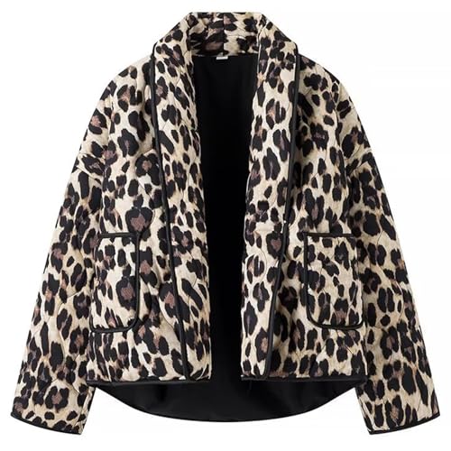 Womens Quilted Jacket Leopard Print Cropped Puffer Jacket Vintage Open Front Short Jacket Coat