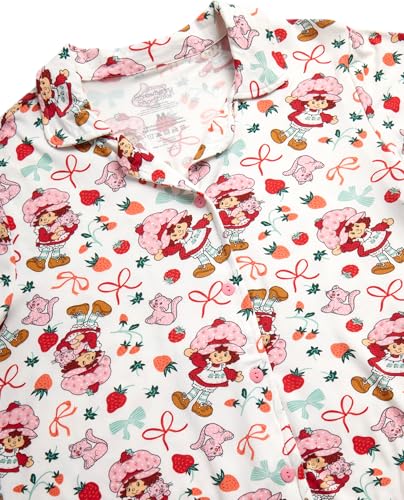Image of COCO BRANDS Strawberry Shortcake Womens Pajama Sets - 2 Piece Soft Stretch Button Down Sleep Shirt and Pajama Pants
