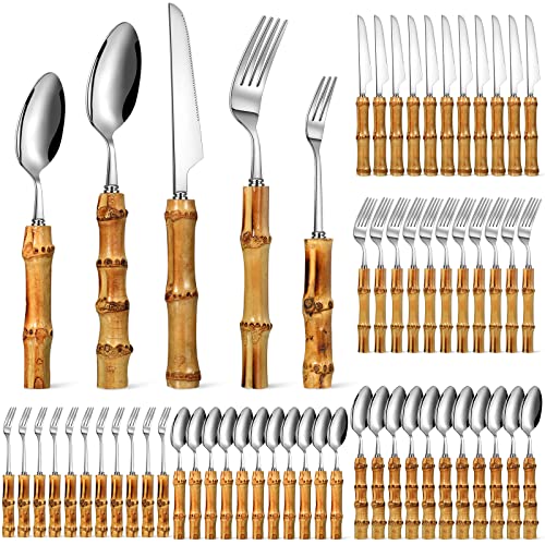 Image of Eboot Bamboo Silverware Set 18/8 Stainless Steel Tableware Set Natural Utensil Flatware Kit Spoon Fork Knives Bamboo Handle Cutlery for Kitchen Wedding Home Restaurant Party(Silver,60 Pieces)