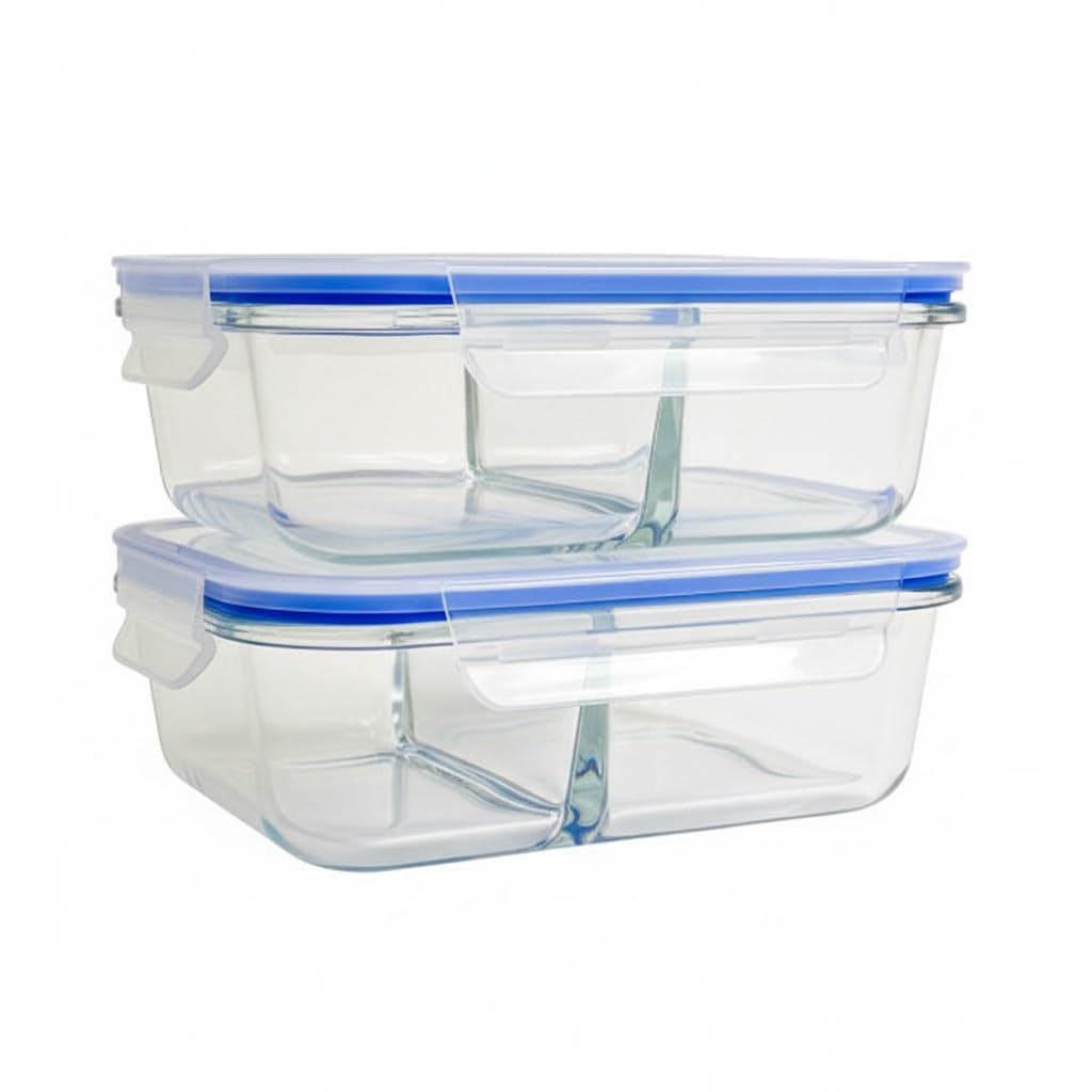 Mayaaran Glass Food Containers with Lids – 2 Pack, 2-Compartment Meal Prep Containers, 1040ml Each, BPA-Free, Airtight, Oven, Microwave, Freezer & Dishwasher Safe – Reusable Glass lunch box with lid