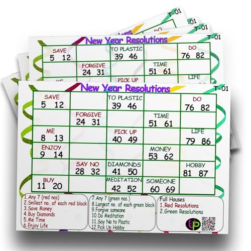 Image of Happy New Year Tambola Tickets | Resolutions Words Theme Housie Tambola Themed Bingo Game| Kitty Party Theme Housie Tickets | English | for Family & Friends (Set of 15 Tickets)