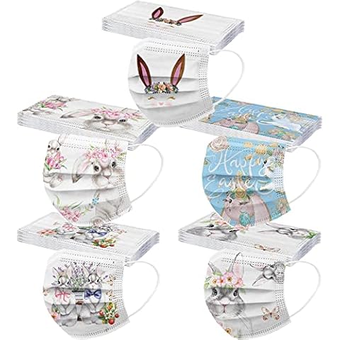 SHENQI Easter Disposable Face_masks Patterned Rabbit Adult Coloured Paper Masks 50 Packs Unisex Women Men Party Printed 3-layer Breathable Face Cover Spring Summer, 50 Count (Pack of 1) Cover