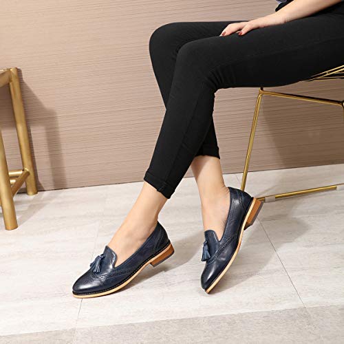 Image of Mona flying Women's Leather Tassel Loafers Slip on Brogue Flat Office Shoes