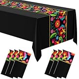 Oudain 6 Pcs Fiesta Tablecloth 108 x 54 Inch Plastic Tablecover Mexican Waterproof Tablecloth Disposable Table Cover for Taco Night Festive Mexican Fiesta Wedding Party Decoration (Black)