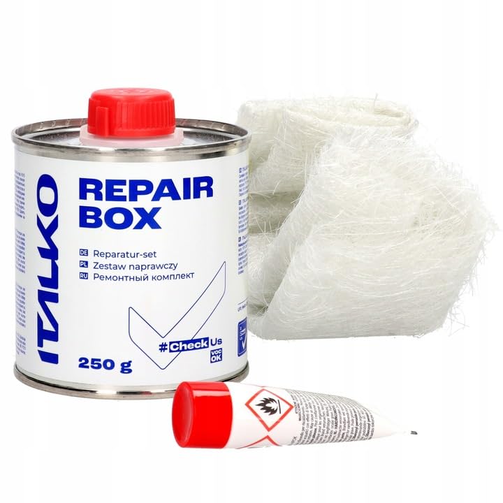 ITALKO Kit de réparation en résine polyester, tapis en fibre de verre, durcisseur, 250 g, réparation de carrosserie, stratifié automobile, plastique, métal, fibre...