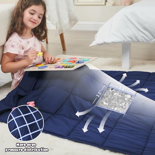 Weighted Blanket Kids (10lbs, 40"x60" Throw Size) - Cooling and Breathable Heavy Blanket for 80-120lbs with Premium Glass Beads - Soft Thick Blankets for All-Season Sleeping Comfort - Navy