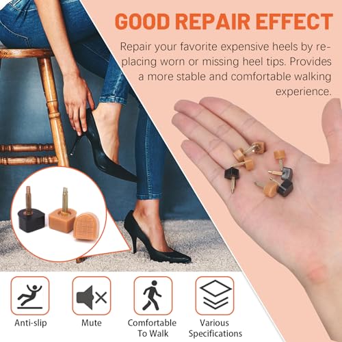 Image of Tanstic 30 Pairs Women's High Heel Shoes Replacement Tips Pin with 6 inch Heel Pliers, 9x9mm, 9x10mm, 10x10mm, 10x11mm, 10.5x12.5mm Black Beige High Heel Shoe Tips - 2.4mm /0.09 inch Pin Diameter