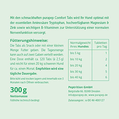 purapep Comfort Hunde Tabs – Natürliches Beruhigungsmittel mit Tryptophan, Magnesium & B Vitaminen – Ideal bei Stress, Angst & Silvester – Für entspannte Hunde in jeder Situation | 120 Tabs