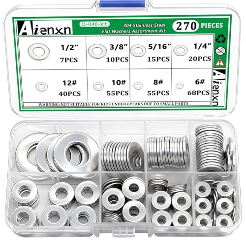 270PCS Flat Washers Assortment, 304 SS, 8 SAE Sizes, 6#-1/2"