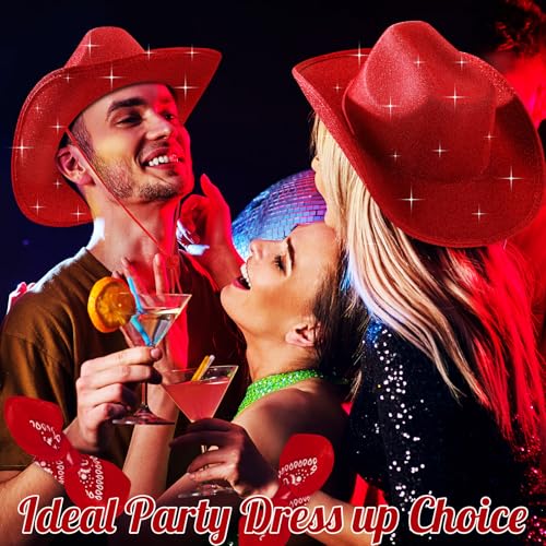 Image of Coume 12 Pcs Sparkly Adults Cowboy Hat and Bandanas Women Men Western Glitter Cowgirl Party Hats with Adjustable Drawstring