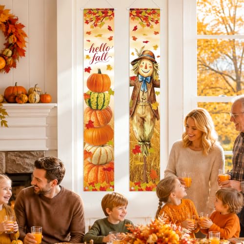 Image of Hello Fall Porch Decor Autumn Harvest Porch Door Banner Hanging Sign