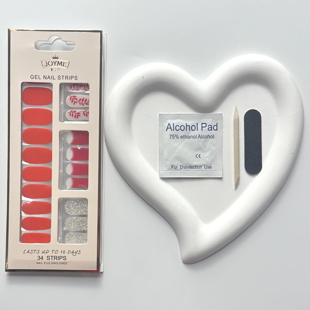 SPLOCUDU Red Semi Cured Gel Nail Strips,French tip Gel Nail Stickers for Women,UV Free, Long Lasting 34 Nail Warps,Includes 1 Prep Pad,1 Wooden Stick and 1 Nail File