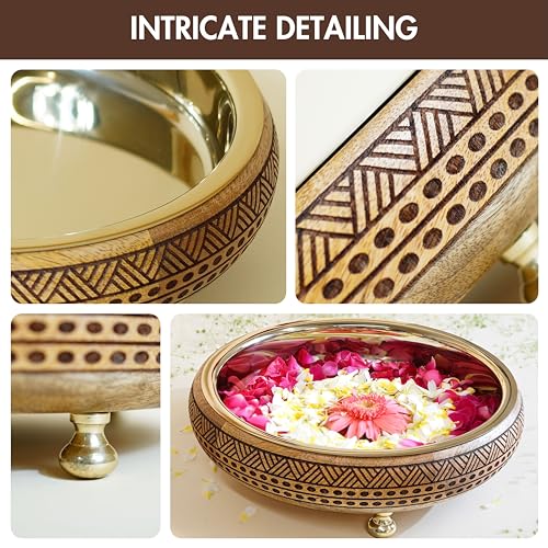 Image of BEHOMA Wood & Metal Urli Tray, 12 inch, Mocha Brown | Wood & metal urli tray in mocha brown, 12 inch; ideal festive gift for Durga Puja & Navratri decor, 1L.