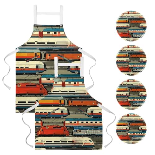 Tablier de cuisine motif train multicolore avec 4 broches incluses
