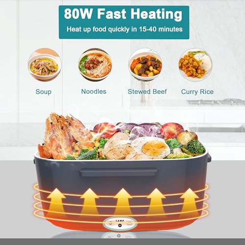 Image of Electric Heated Lunch Boxes Adults: 80W Electric Lunch Box Food Heated 12 /24 /110V 1.5L Heatable Lunch Box for Car /Truck /Office Leak-Proof Stainless Steel Container, Fork & Spoon, Bag (Grey+Green)