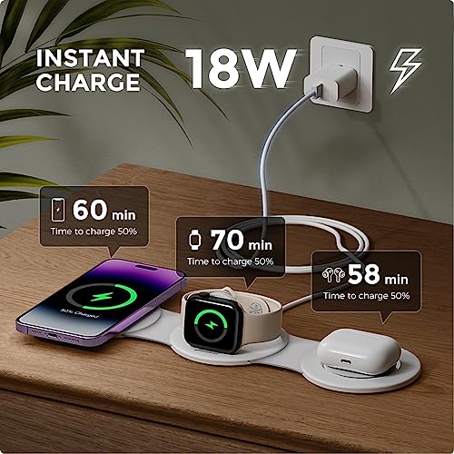3 In 1 Charging Station For Apple, Hicober Travel Wireless Charger For Magsafe Charger Foldable Stand Compatible For Multple Devices For Apple Watch/Iwatch/Airpods/For Iphone 14 13 12 White #TOP2