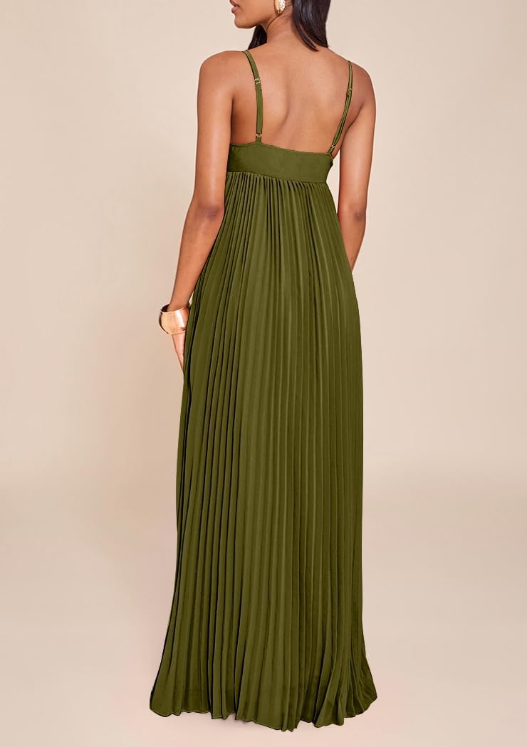 Women's Plisse Dress Adjustable Spaghetti Strap Maxi Solid Party Wedding Guest Dresses - Image 2