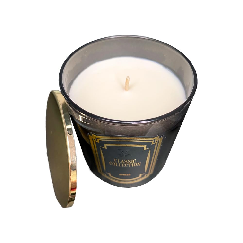 IMPACTE MILANO. Vela Aromática 200gr. Cera de Soja Natural y Coco, Vaso de Diseño Negro y Elegante, con Tapa. Velas Perfumadas para Hogar. Vila Hermanos (Amber)