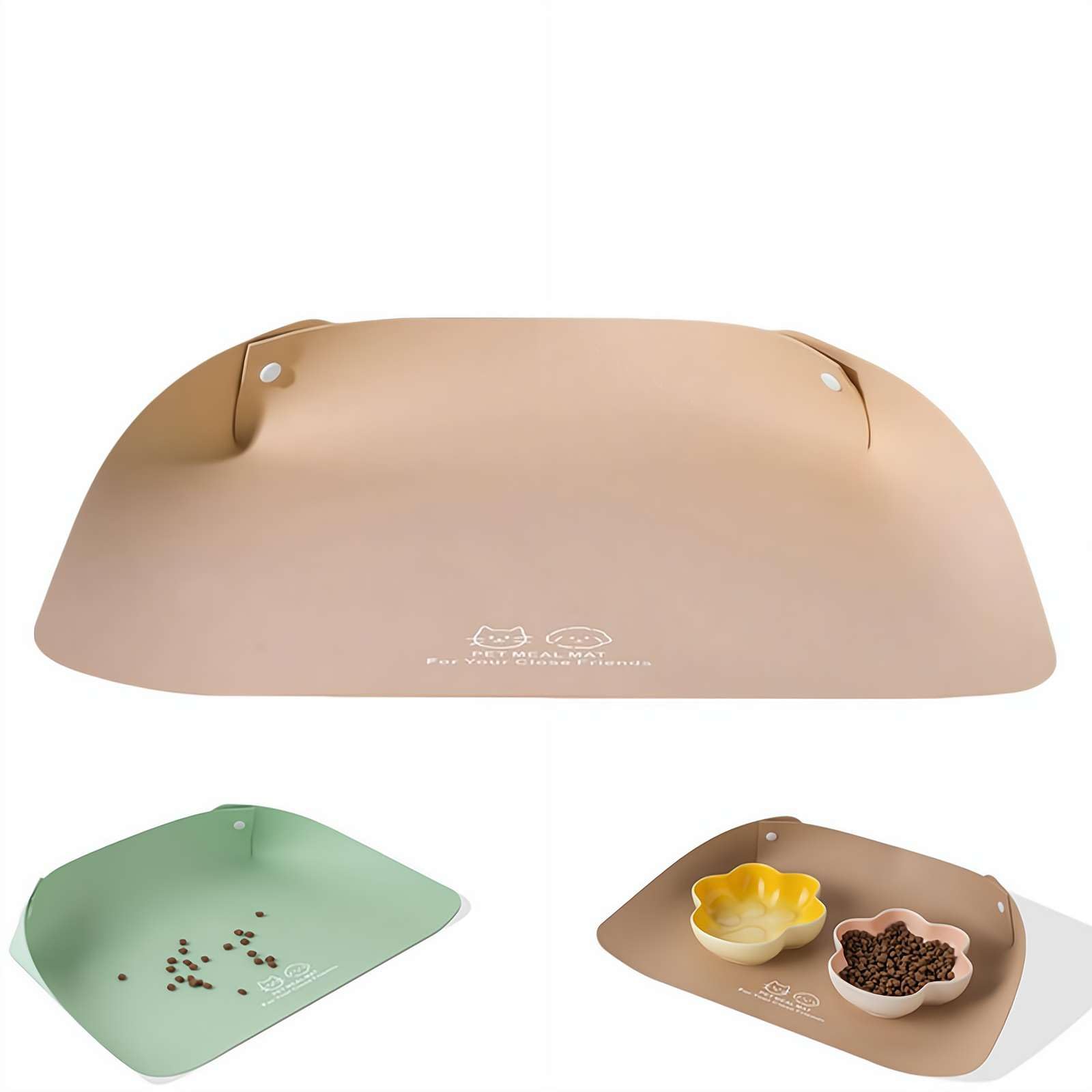 Cat Dog Food Mat, Waterproof Non Slip Leather Pet Feeding Mat for Cats and Small Dogs, Easy Clean Raised Edge to Contain Spills, BPA Free with Grippers (Khaki)