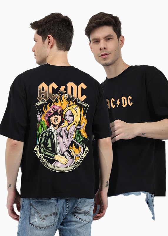 PRONKFire AC DC Men Oversized 100% Cotton Crew Neck Drop Shoulder Baggy Fit Half Sleeve T-Shirt Music Digital Print