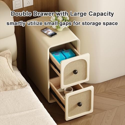 Slim Rattan Nightstand with 2 Drawers - Narrow Bedside Table & Sofa Cabinet for Small Spaces - Stylish Storage Solution for Bedroom & Living Room