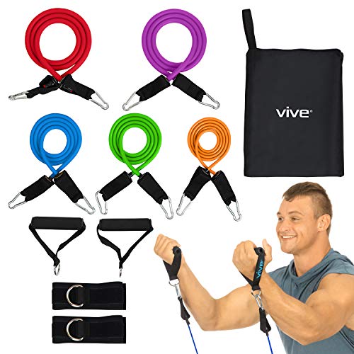 Vive Resistance Band Set (12 Pcs) - Heavy Duty Stretch Tube Rehab Bands - Shoulder Pulley Door Anchor - 2 to 70 LBs Tension - Home Workout Elastic Fitness Equipment - Men, Women Training (Standard)