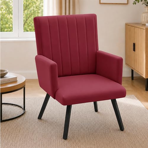 Image of Rosebell Modern Accent Chair for Living Room | Single Seater Chair with Armrests & Metal Legs | Comfortable Lounge Chair for Bedroom, Reading & Office | Red