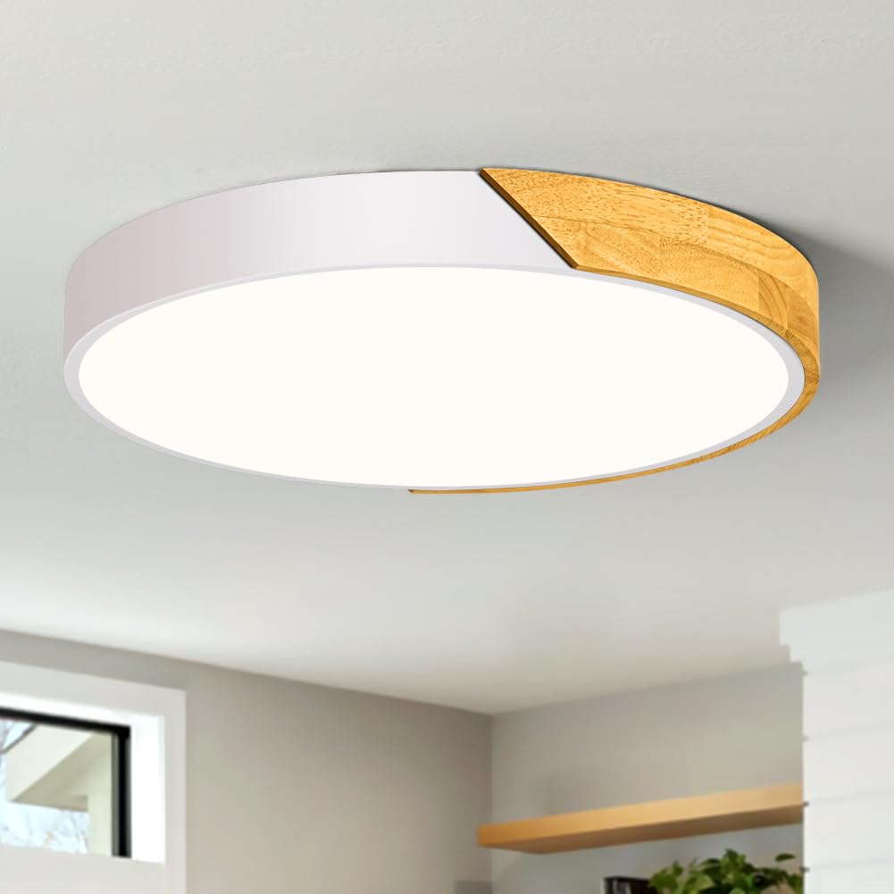Qamra Plafón, Plafón LED Blanco, Lámpara de 40cm con Madera para Salón, Dormitorio, Cocina, Pasillo, Comedor, 36W 4000K