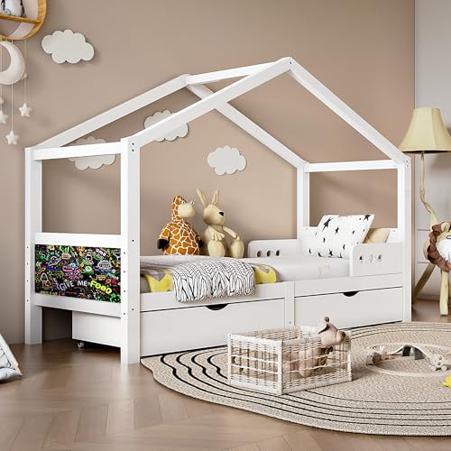 Moimhear Bonita Cama Infantil de 200 x 90 cm, Madera Maciza con Valla y somier, con protección anticaídas para niños (Blanco)