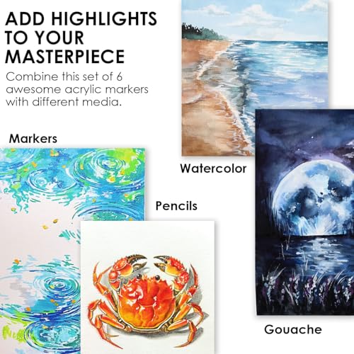 Image of Grabie 6 White Acrylic Paint Markers, 0.7mm Extra Fine Tip Acrylic Paint Pens for Drawing, Coloring Books for Adults