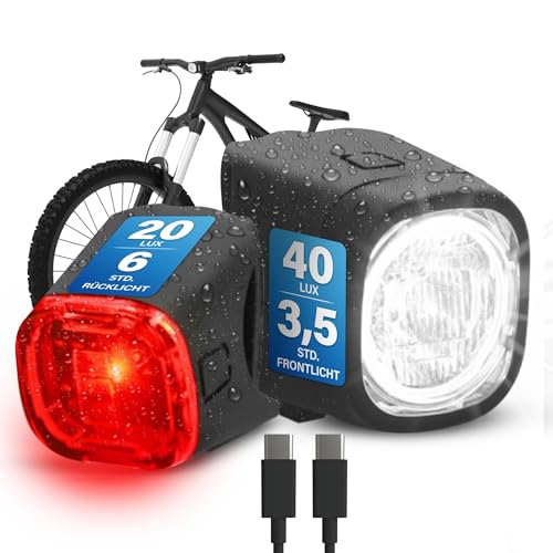 FISCHER Fahrrad Beleuchtungsset Square, 40/20 Lux, Front- und Rückleuchte, mit Akku, USB-Ladefunktion, Spritzwasserschutz nach IP44, StVZO-zugelassen