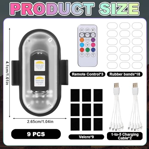 Kabellose Led Lichter, WDKXCN 9 Stück Fernbedienung Blitzlicht, 8 Farben Strobe Drone Light, Led Blitzlicht mit 3 Fernbedienung, Led Lichter Kabellos für Unterbodenbeleuchtung Scooter Drohne Motorrad