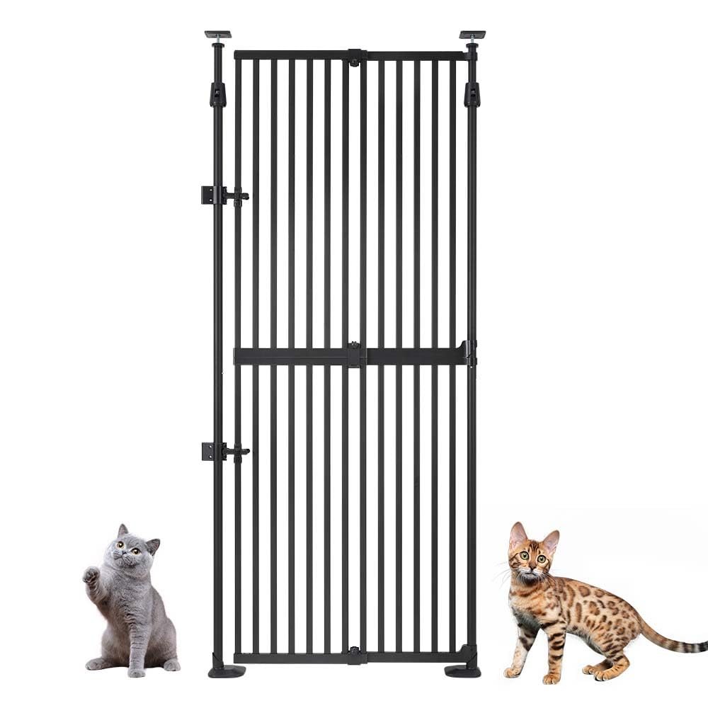 unipaws 75" high extra tall cat gate, auto closing and no drilling safety gate for doorway hallway stairs, cat dog proof, fit for 21"-34" wide opening, indoor use, black