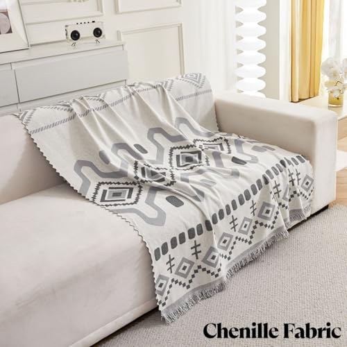 Image of HOMETHREADS Chenille Bohemian Boho Style Sofa Cover | Thick & Soft Luxury Slipcover | Protective, Washable & Stylish Couch Cover for Living Room Decor. (Bohemian Grey, 1 Seater|70x180cm)