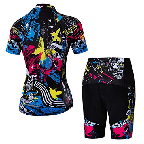 WeimoMonkey Women's Short Sleeve Cycling Jersey Quick Dry MTB Clothing Bike Top + 3D Shorts Set Multicolor S
