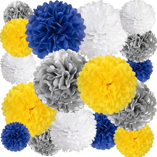 Image of 20 PCS Tissue Paper Pom Poms, Tissue Pom Poms Flowers, Sizes of 6 inch, 10 inch, 12 inch, 14 inch Hanging Paper Flower Ball for Wedding, Birthday, Graduation, Baby Shower Party Decor (Yellow White Silver Blue)