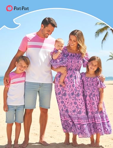 Image of PATPAT Family Matching Outfits Mommy and Me Dresses Floral Dress & T-Shirts | Mommy and Me Easter Dresses, Puff Sleeve Floral Sundress, Cotton Blend T-shirts, Couples Party Wedding Vacation Outfits