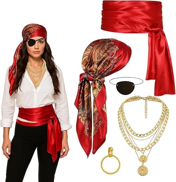 JISRKP 5Pcs Pirate Costume Women, Pirate Accessories Set for Women, Pirate Headscarf, Belt, Eye Patch, Necklace and Ring, Perfect for Halloween Parties, Cosplay and Themed Events