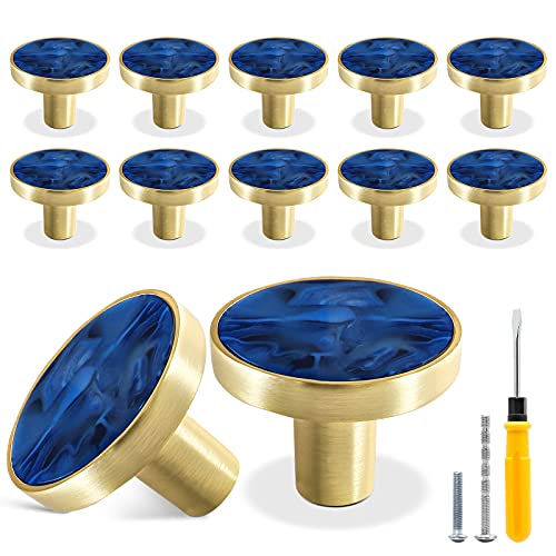 Cionyce 12 Pack Gold Knobs for Dresser Drawers, Brass Dresser Knobs Round Cabinet Knobs for Kitchen Cabinet Cupboard Door Decorative Furniture Hardware, 1-1/4' Diameter, Navy Blue