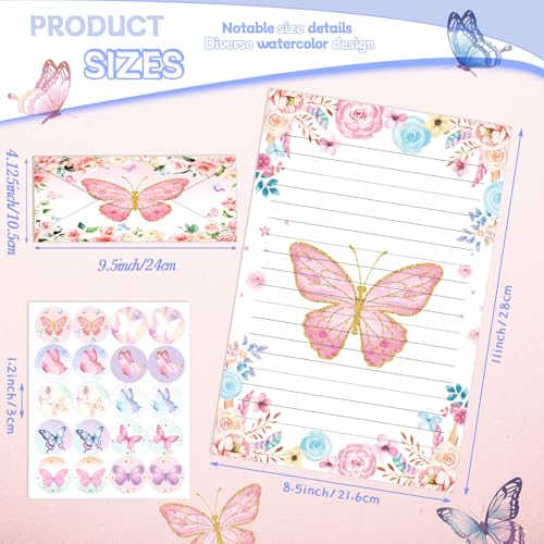 Image of TaoBary 160 Pcs Stationery Paper Set 50 Double Sided Stationery Papers with 50 Matching Envelopes and 60 Round Dot Sticker, 10 Design(Watercolor Butterfly,8.5 x 11 Inch)