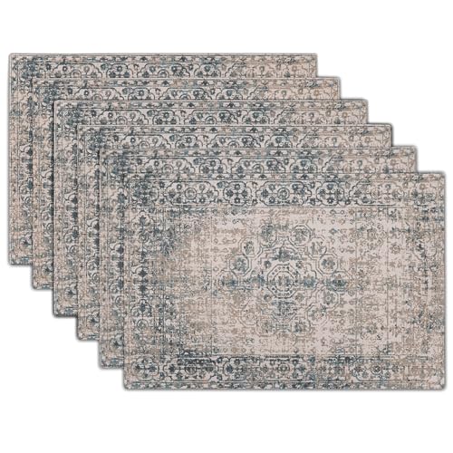 Image of Grey Brown Ethnic Boho Placemats Set of 6 Bohemian Carpet Vintage Gray Linen Washable Kitchen Dining Table Mats Stain Heat-Resistant Desktop Decor Place Mats for Home Party Indoor 12x18 in