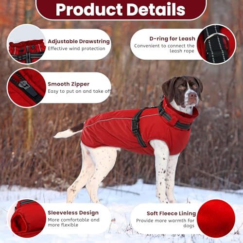 Lelepet Medium Dog Coat With Harness - Warm Waterproof Fleece Jacket, Winter Reflective Vest Snow Suit for Schnauzer Pug - Red M - Image 2