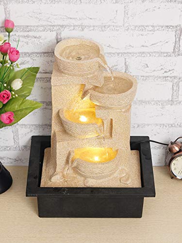 Image of Polyresin Table Top Cream Colour Designer Indoor 4 Diya Steps Waterfall Fountain for Home Decor with Yellow LED & Water Flow Controller Pump (Size: 38 x 29.5 x 22CM | Weight: 2000 Gram)