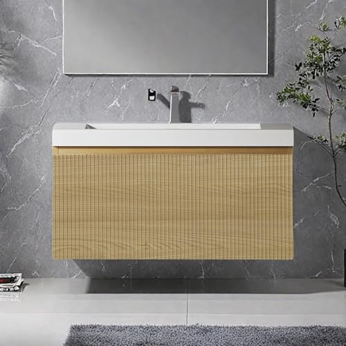 Image of Wall Mounted Bathroom Sink Vanity, Modern 30 inch Floating Vanity with Resin Top Basin Sink and U-Shaped Soft-Close Storage Drawer, Striped Bathroom Storage Cabinet with Invisible Handle, Wood